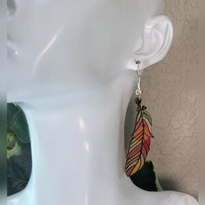 Colorful Wooden Feather Statement Dangle Earrings / Pierced